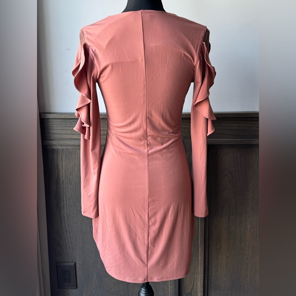 Express Long ruffle Sleeve Dusty Rose v neck bodycon Dress small - Picture 5 of 8